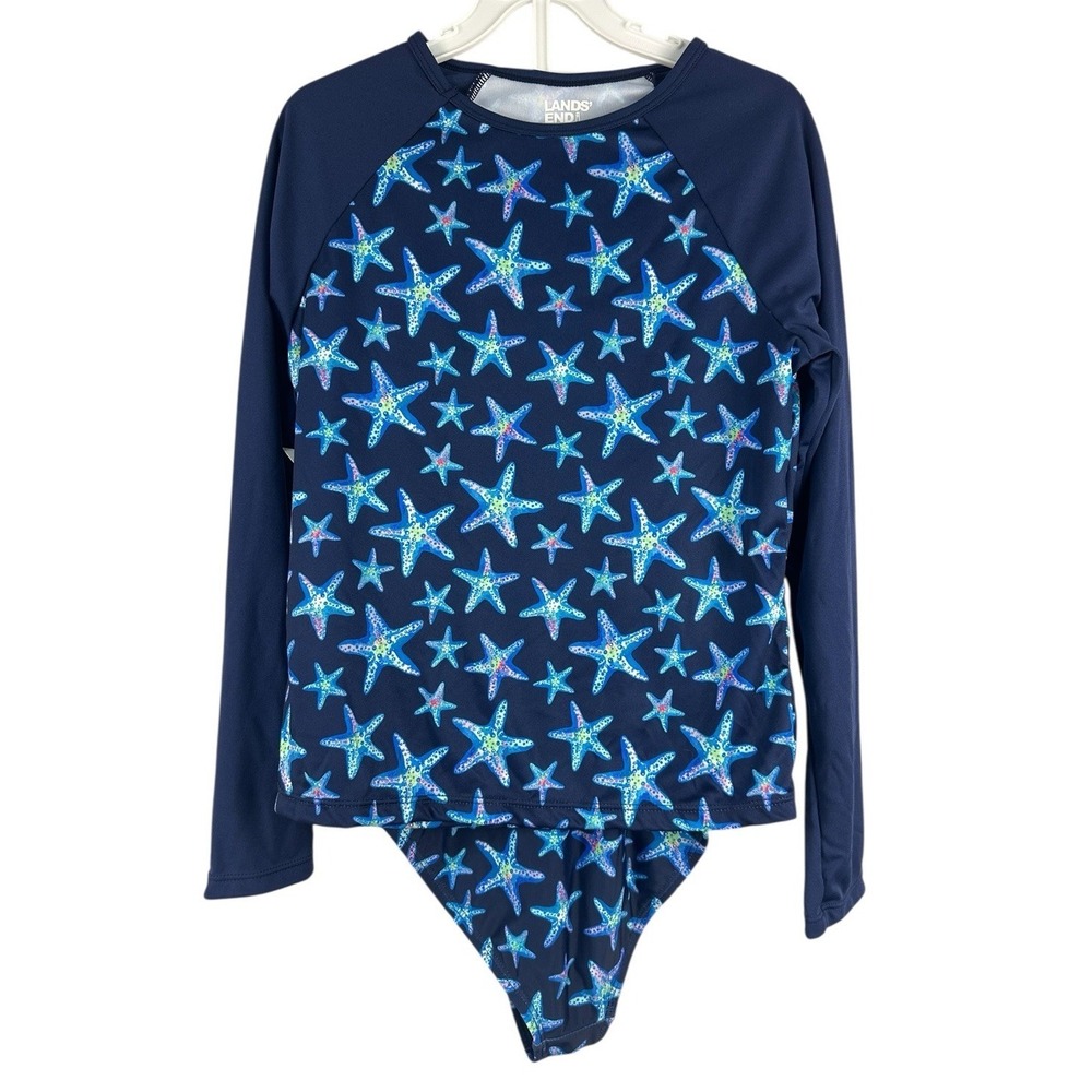 Lands End Sz 10 12 RASH GUARD Top One Piece Swimsuit Bow Starfish Resort Org $60